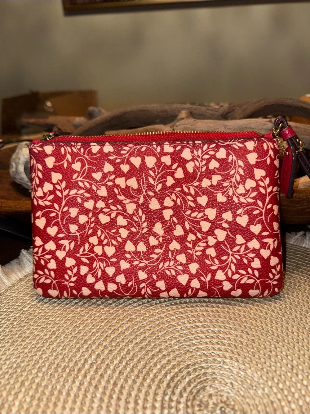 Coach Red and Cream Heart-Print Zip Wristlet